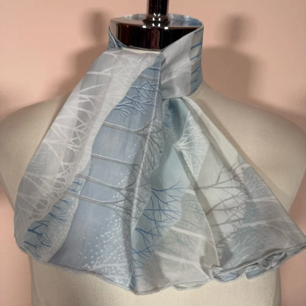 Vintage 1970’s winter tree snow Blue white polka dots Mod cravat Bow neck Scarf